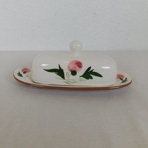 Stangl Pottery Pink Thistle 1/4 lb Covered Butter Dish Vintage FLAW-Small stains